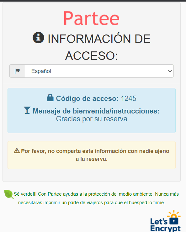 Código de acceso y Mensaje de bienvenida en PARTEE en modo "Solo el día de la entrada si todos han hecho el check-in online".